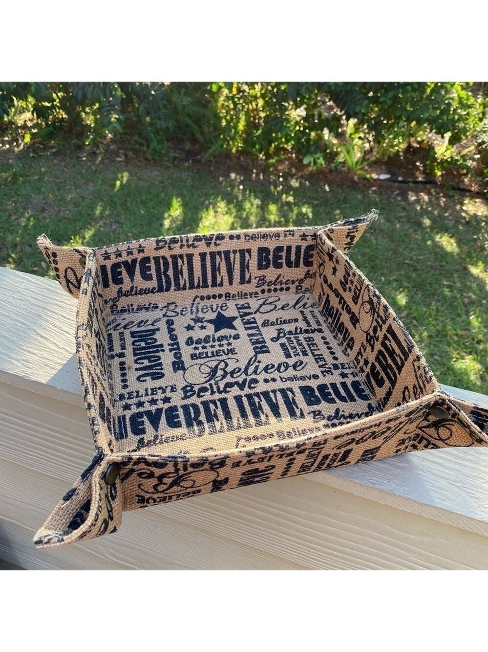 Burlap ‘Believe’ Basket. 10” square. Cute corners with snaps. Many uses 3” tall